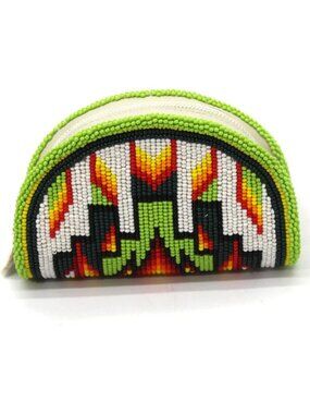 Handmade Mini Beaded Coin Purse - Green Leather Zipper Wallet Pouch, Vintage
